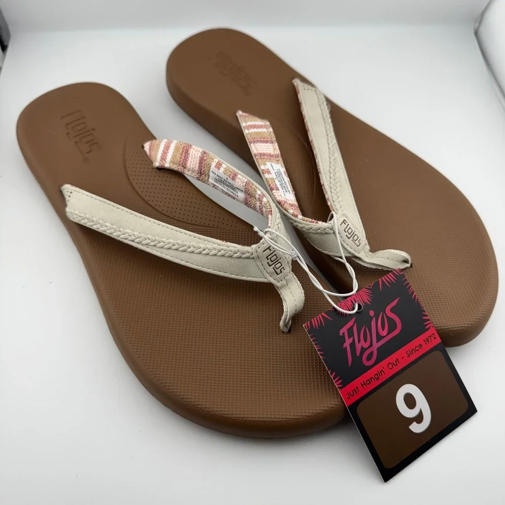 Flojos Flip Flop Sandals Women 9 White Brown NWT Braided Tropical Beach Summer